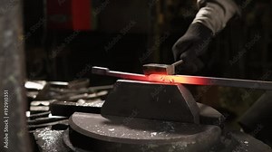 Blacksmith is using hammer machine for shaping metal blank. He is holding beam on a small plate and automatic hammer is hitting on top