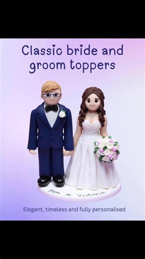 Getting married? 💍✨ Here are the different types of cake toppers I create 🤍 From classic bride & groom designs To pets and family To meaningful hobbies and occupations Every topper is handmade and fully personalised from your photos. Now booking August wedding dates and beyond 💜 Message me to check availability ✨ | Artlocke Designs