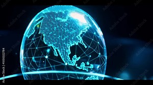 A futuristic hand reaches toward a digital globe, symbolizing technology, connectivity, and global interaction.The visual highlights data networks and interaction.