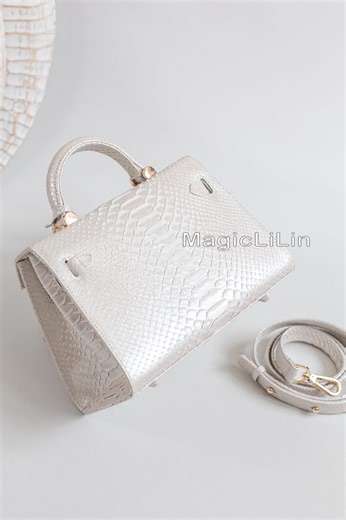 White Pearl Genuine Python Leather Top Handle Bag - Ivory Snakeskin Crossbody Purse - Etsy