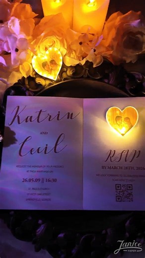 Light up your love story 💡❤️ Our bi-fold wedding invitation with a glowing heart tag makes every “yes” shine! 👉https://www.janicepaper.com/led-wedding-invitations/?product_list_limit=48 #WeddingInspo #ModernRomance #LaserCutInvites #EngagedCouple #LuxuryWedding 🌟 Join Our Weekly Livestreams! 🌟 Don't miss out on our weekly livestreams! Participate to earn exclusive rewards and enjoy special offers! | Janice Paper