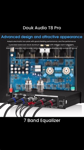 Model: Douk Audio T8PRO Audio input: single-ended RCA / balanced XLR Audio output: single-ended RCA / balanced XLR Frequency response: 20Hz～20KHz(±1dB) Frequency band: 50Hz / 125Hz / 315Hz / 750Hz / 2KHz / 6KHz / 16KHz RCA input sensitivity: 0.775Vrms RCA output level: 1.2Vrms BAL input sensitivity: 1.5Vrms BAL output level: 2.4Vrms THD: 0.01% SNR: ≥98dB Working voltage: DC12V (≥2A) Dimensions(W*D*H): 186*128*38mm / 7.32*5.04*1.50in Package dimensions(W*D*H): 340*240*70mm / 13.39*9.45*2.86in Net