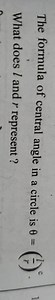The formula of central angle in a circle is \theta = \left( \fr... | Filo