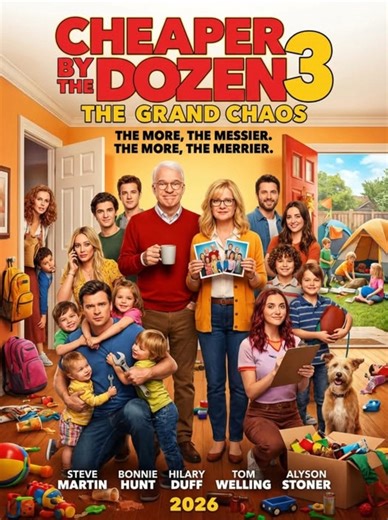 🎬 Cheaper by the Dozen 3: The Grand Chaos (2026) ⭐ Starring: Steve Martin, Bonnie Hunt, Hilary Duff, Tom Welling, Alyson Stoner 👨‍👩‍👧‍👦💥 Genre: Comedy • Family • Feel-Good Family madness reaches a whole new level in Cheaper by the Dozen 3: The Grand Chaos. The Baker clan reunites once again, and predictably, order doesn’t stand a chance. Tom (Steve Martin) and Kate (Bonnie Hunt) are doing their best to keep the peace, but with their kids now grown and louder than ever, harmony is more of a