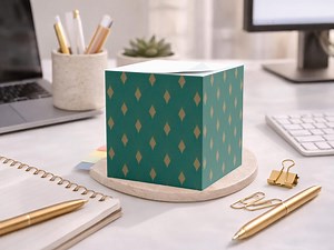 Art Deco Pattern Sticky Note Cube - Teal and Gold Geometric Desk Notes Block, Modern Office Decor Gift for Coworker Teacher