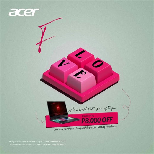 L is for the lag-free gameplay you’ll love. O is for the only gear you need to dominate. V is for the very best specs for victory. E is for the epic power that sets you apart. Fall in love with next-level gaming and enjoy up to ₱8,000 OFF on every purchase of a qualifying Acer gaming notebook! ❤️‍🔥 Promo runs from February 12 to March 2, 2025. Available at Acer Concept Stores and Authorized Resellers. | Acer Philippines