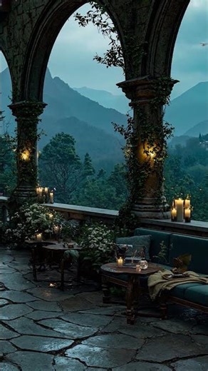 Enchanted Castle Terrace | Relaxing Medieval Fireplace Ambience