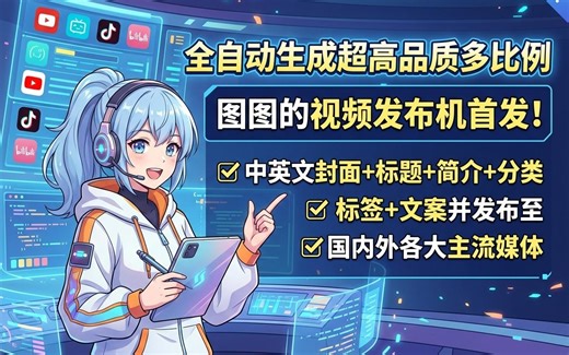 全自动生成超高品质多比例中英文封面 标题 简介 分类 标签 文案并发布至国内外各大主流媒体，图图的视频发布机首发！