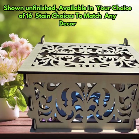 Decorative Vintage Wooden Card Box with Ornate Design, Wedding Card Holder