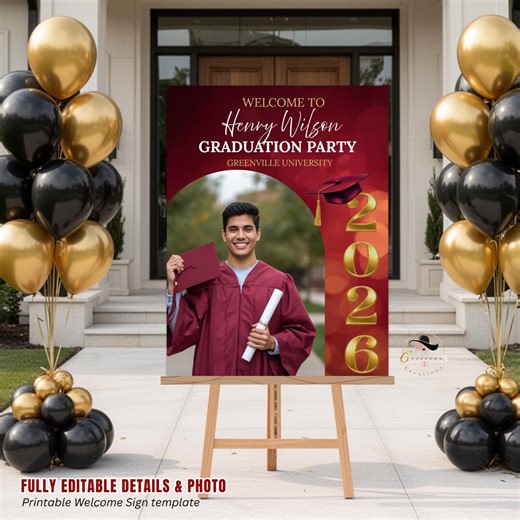 Maroon Graduation Welcome Party Sign, Senior Grad Poster Sign With Photo, Class 2026 Woman Man High School Graduate Sign, Printable Template - Etsy