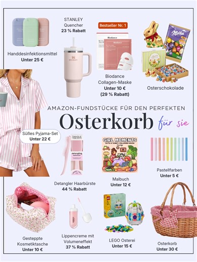Kommentiere „KORB“ und ich schicke dir die Links 🐰🧺 Wenn du dieses Jahr einen Osterkorb für sie zusammenstellen möchtest, findest du in diesem Amazon Deutschland Oster-Gift-Guide viele süße und praktische Ideen. Beginne mit einem hübschen Osterkorb und fülle ihn mit kleinen Überraschungen wie Osterschokolade, Satin-Pyjamas, Pastell-Highlightern, Lip-Care, einer Kosmetiktasche, Collagen-Masken, einer Stanley Tumbler, einer Detangler Haarbürste oder einem LEGO Osterei. Diese Mischung aus Self-Ca