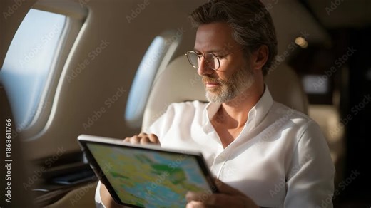 A pilot reviewing jet stream forecasts on a tablet before a long-haul flight, planning altitude shifts to maximize fuel savings and shorten travel time — intelligent flight planning, aviation