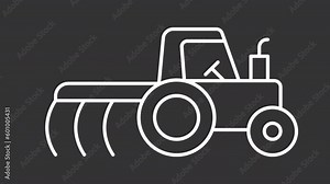 Animated tractor with harrow icon. Moving vehicle line animation. Agricultural equipment. Loop HD video with chroma key, alpha channel, transparent background. Outline motion graphic animation
