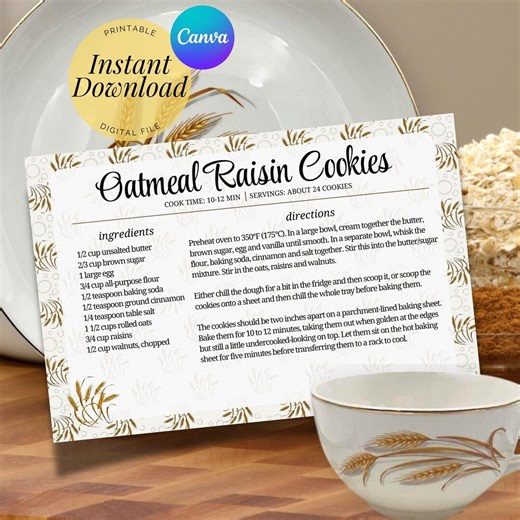 Printable Recipe Card Template Vintage Inspired Wheat Style Cooking Organization Tool Canva Digital Download Format Cooking Gift Idea - Etsy