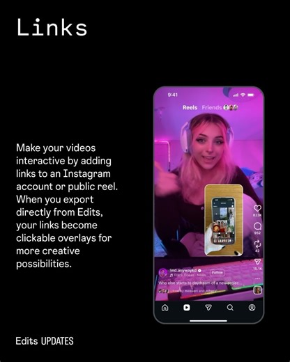 Instagram’s @Creators on Instagram: "New to Edits this week! We’re introducing new features to take your videos to the next level - add interactive links to your videos, get inspired by weekly ideas (English only), play with 25 new video effects and experiment with multiple takes in storyboards."
