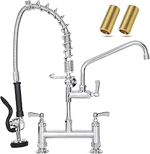 21" Height Commercial Sink Faucet Deck Mount with Pre-Rinse Sprayer, Commercial Kitchen Faucet with 8" Add-on Swing Spout Faucet & Spring Pull Down Sprayer, 8" Adjustable Center Kitchen Faucet