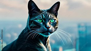 Cybernetic cat gazes intensely. Extreme close-up reveals metallic eye with circuitry, pulsing with energy. Sleek black fur contrasts against futuristic cityscape reflected in robotic eye.