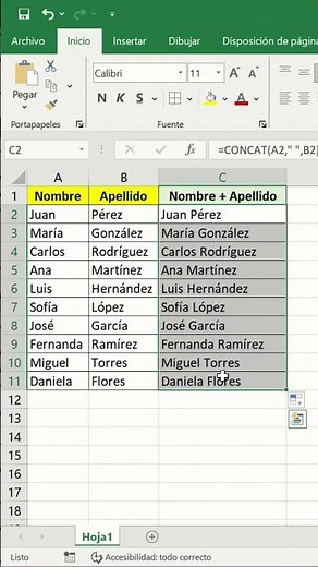 Une el contenido de dos celadas con la función CONCAT, #excel #exceltips #productividad #ofimatica