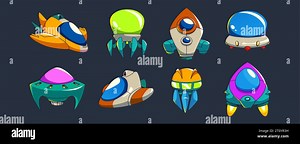 Fantastic ufo spaceships for video game. Cartoon vector illustration set of flying futuristic cosmic alien spacecrafts for gui. Scifi funny shuttle and vehicle for space travelling and exploration Stock Vector Image & Art - Alamy