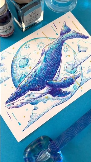 【ガラスペン】でクジラを描きました🐳（ゆっくりver）#アナログイラスト #メイキング #イラスト #art #くじら #ガラスペン #海 #文房具 #fyp #おすすめ #shorts #青