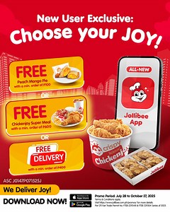 Choose your JOY: FREE Delivery OR FREE Peach Mango Pie OR FREE Chickenjoy Super Meal? 🤔 Enjoy all-three promos exclusively on the new Jollibee app! 📱 Download now! Promo Period: July 28 to October 27, 2025. Terms & Conditions apply. Visit https://jollibee.com.ph/promos for more details. DTI Fair Trade Permit No. FTEB-229348 & FTEB-229304 Series of 2025 | Jollibee