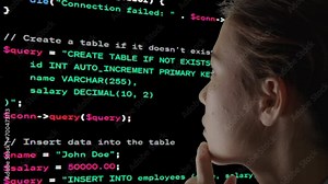Young female programmer analyzing programming language PHP, HTML, Database for website. She used AI helping to create code and she looking for errors in the code of programming languages from AI.