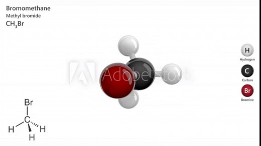 Bromomethane or methyl bromide. Fumigant. Animated 3D model of a molecule. Molecular formula: CH3Br. Chemical model: Ball and sticks. White background. 3D rendering. Seamless loop.