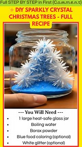 Make Your Own Sparkly Crystal Christmas Trees at Home Looking for a winter science craft that kids will love? These DIY Sparkly Crystal Christmas Trees are dazzling, snowy, and surprisingly simple to grow. With just a jar, Borax, and pipe cleaners, you can create frosty ornaments that shine like real ice. Ingredients (makes 1–3 small trees): 1 large heat-safe glass jar Boiling water Borax powder Blue food coloring (optional) White glitter (optional) Pipe cleaners in winter colors Scissors String