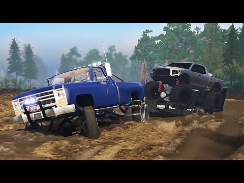CHEVY 4x4 DUALLY w/ CHAINED TIRES! Towing Challenge! Mudding & Off-Roading (SpinTires)