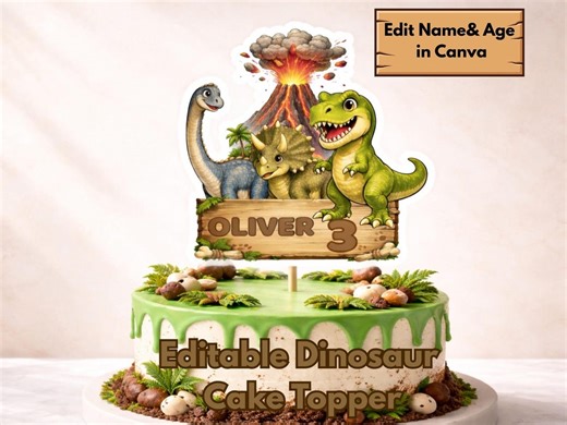 Dinosaur Cake Topper Editable, Dino Birthday Cake Decoration, Personalized Name Age, Printable Canva - Etsy