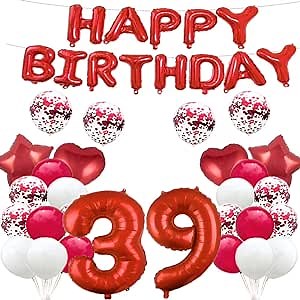 GLZLMM 39 Red Balloons Happy 39th Birthday Party Supplies 39th Birthday Decorations Number Foil Mylar Balloons Latex Balloons for Women, Men, Girls, Boys