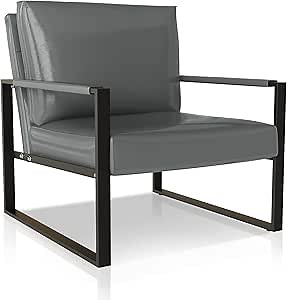 Recaceik Leather Accent Chairs Midcentury Modern Armchair with Extra-Large Ergonomic Cushion Sturdy Metal Frame Anti-Scratch Foot Mats Single Sofa Chair for Living Room Grey