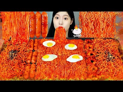 ASMR MUKBANG| Spicy Fire foods Special (Fire noodles, Enoki Mushroom, Shrimp, Sausage).
