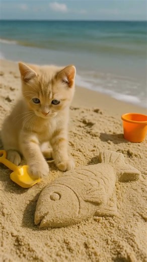 🐾🏖️ Kitten Builds a Sand Fish! Cute Beach Day Cat Hammy Kids