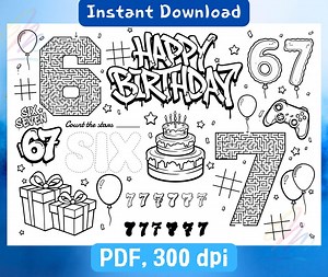 Instant Download Birthday Activity Sheet: Kids Coloring Page. Sixseven Trend - Etsy