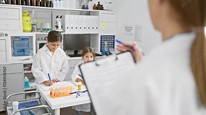 A woman and girl in lab coats engage in a science experiment with a microscope in a laboratory.