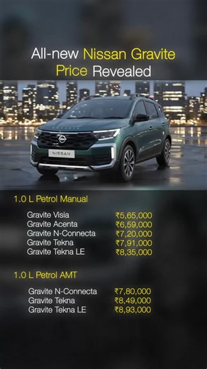 🚨 India's most affordable 7-seater just dropped — and the price will make your head spin. 👇 The Nissan Gravite has officially launched in India starting at just ₹5.65 Lakh (ex-showroom) 🔥 — making it the most aggressive MPV pricing we've seen in a long time. Here's the full variant-wise price breakdown 👇 🔹 Visia (MT) — ₹5.65 Lakh 🔹 Acenta (MT) — ₹6.50 Lakh 🔹 N-Connecta (MT) — ₹7.50 Lakh 🔹 N-Connecta (AMT) — ₹8.00 Lakh 🔹 Tekna (MT) — ₹8.25 Lakh 🔹 Tekna (AMT) — ₹8.75 Lakh 🔹 Limited Laun