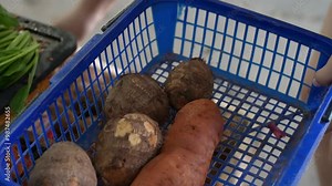 picking up unpeeled tropical taro in basket, Colocasia esculenta, on a market stall. Slow motion
