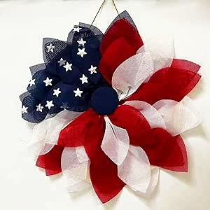 Rustic Burlap Patriotic 22" Wreath, American Flag Style 4th of July Front Door Home Décor