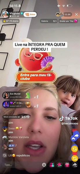 Virgínia abre live: faturamento ao vivo R$14.000–R$18.000 em 50 minutos