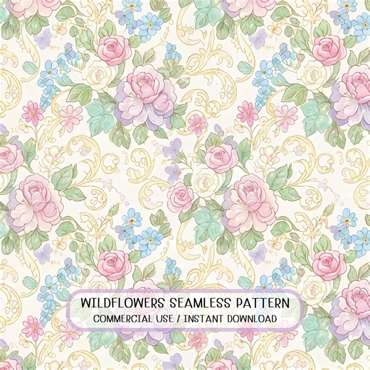 Vintage Rose Garden Seamless Pattern, Pastel Floral Textile Design (Digital Download)