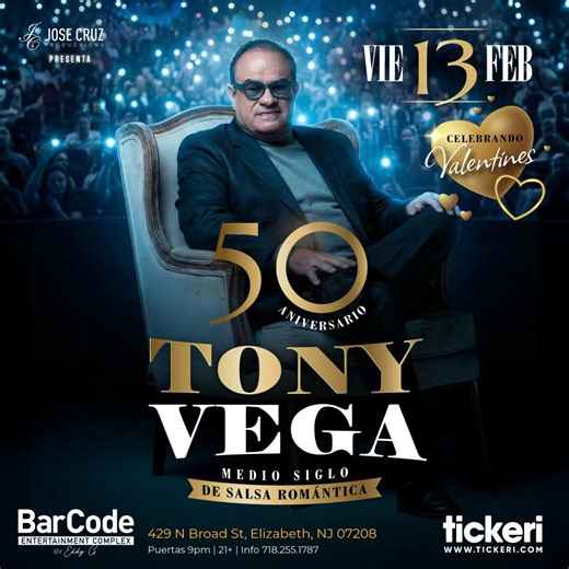 Tony Vega 50 Aniversario Concierto en New Jersey in Elizabeth - Tickets 2026-02-13 | BarCode Entertainment Complex