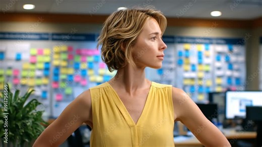 Wide-angle shot of a woman analyzing a complex whiteboard full of sticky notes, systems thinking approach visible through structured layouts, calm and focused project management en
