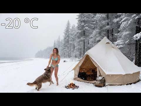 Girl Solo Camping ❄️ Surviving a Blizzard with My Dog — Cozy Hot Tent & Camp Cooking | Natural ASMR