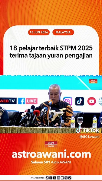 Seramai 18 Pelajar Terbaik Kebangsaan STPM 2025 akan menerima anugerah berupa wang tunai RM1,000, plak dan sijil, meliputi kategori aliran sains, sains sosial, Orang Asli serta calon berkeperluan pendidikan khas, kata Pengerusi Majlis Peperiksaan Malaysia, Datuk Md Amin Md Taff. Buat julung kalinya, semua universiti awam yang naib canselornya menganggotai MPM turut menawarkan tajaan yuran pengajian peringkat ijazah sarjana muda kepada kesemua penerima anugerah itu. #AWANInews
