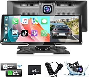 Podofo Wireless Carplay Portable Car Stereo Radio 9.3" Touch Screen with Android Auto Voice Control Loop Recording GPS Navigation FM Transmitter Bluetooth 2.5K Dash Cam 1080P Backup Camera 64G TF Card