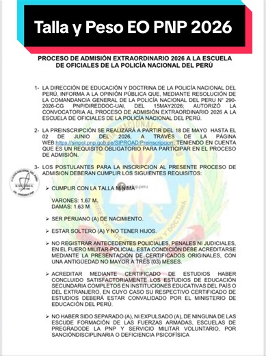 EO PNP 2026: Talla y Peso Requisitos