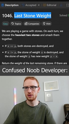 Gregory Hogg on Instagram: "Last Stone Weight Leetcode 1046 #programming"