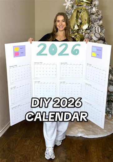 DIY 2026 CALENDAR 🗓️ This full year at a glance gives you a visual of your goals, trips, work, etc. to get you more motivated and organized than ever! SUPPLIES: -Tri-fold project board -12 month calendar print offs -Double sided tape -2026 numbers cut out from scrapbook paper -Colored post it notes to create color code categories -Sharpie DIRECTIONS: 1. Use double sided tape to secure 2026 numbers in the top middle of board. 2. Add colored post it notes on each side of 2026 and write the differ