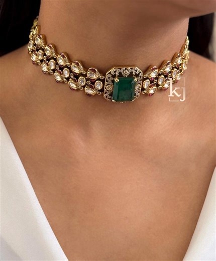 Luxury Traditional Polki Choker With Square Emerald Statement and Handcrafted Ruby Accents - Etsy